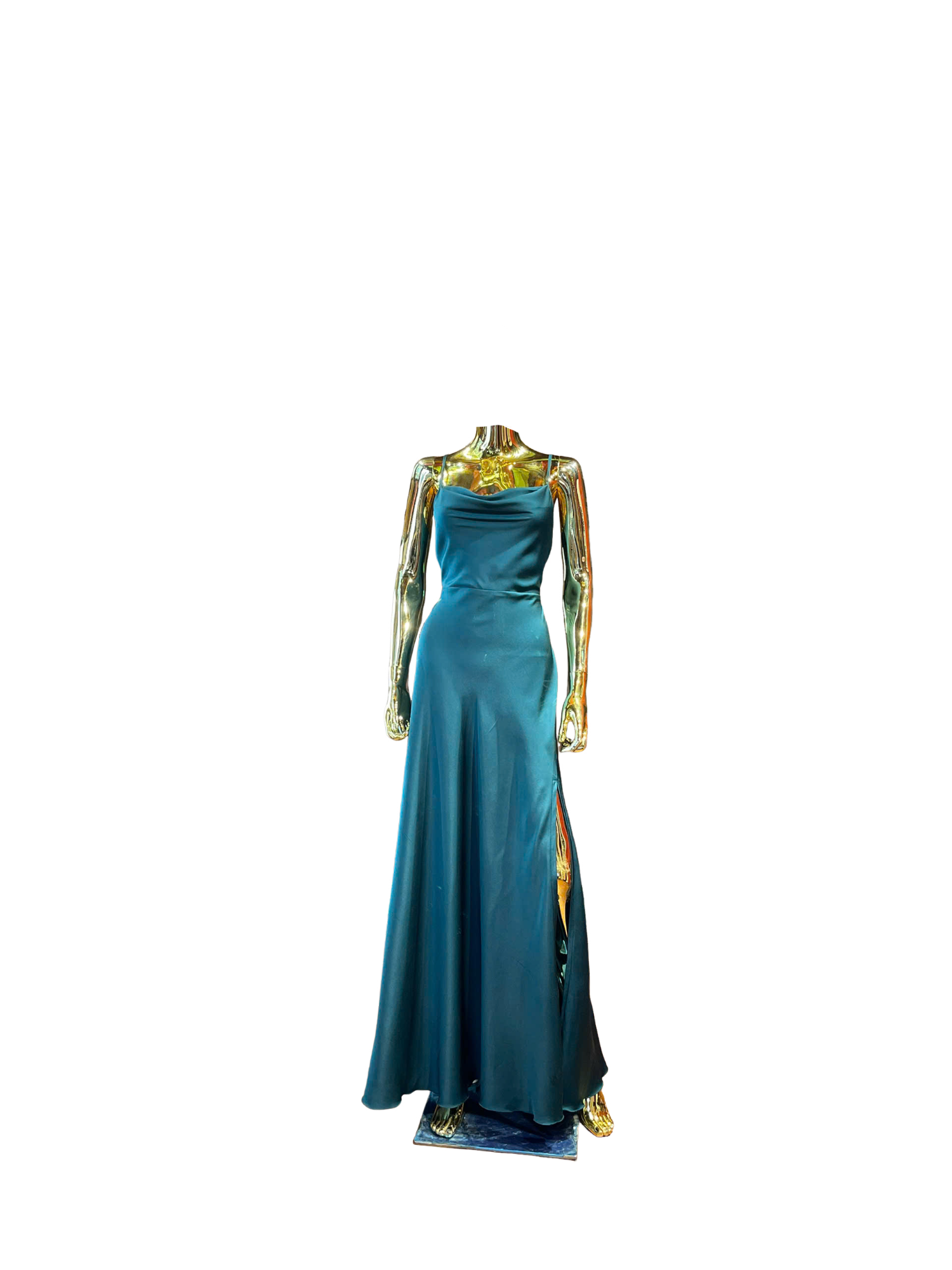 Emerald Satin Cowl-Neck Slit Gown