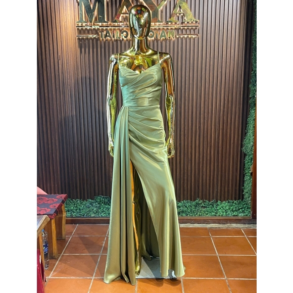 two-piece luxury mint green silk dress high slit