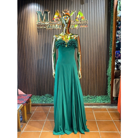 two-piece luxury green silk dress