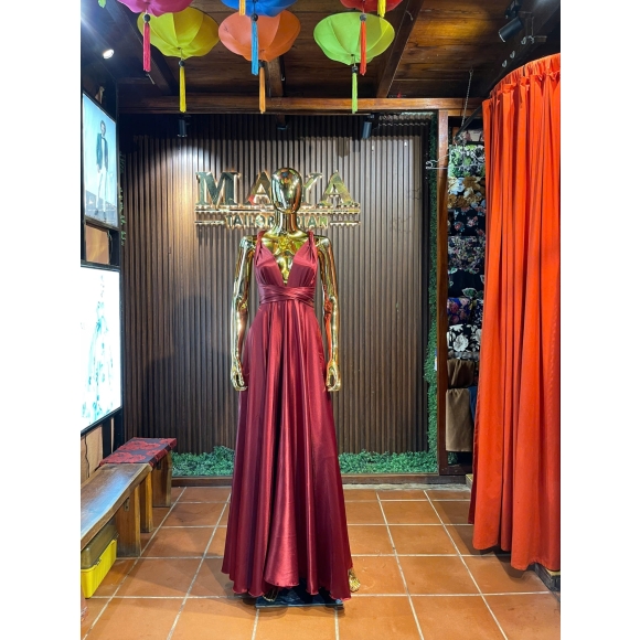 Burgundy Satin Deep-V Maxi Dress