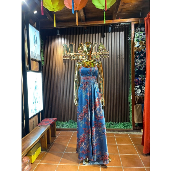 Halter dress with low neckline, orange-blue gradientt