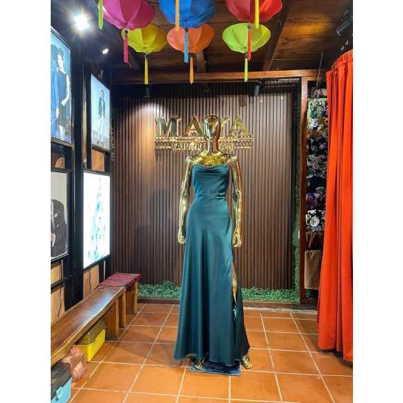 Emerald Satin Cowl-Neck Slit Gown